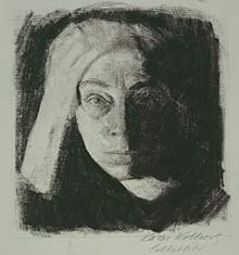 K&auml;the Kollwitz, Selbstbildnis en face, um 1910, Kohle auf graublauem Ingres-Papier, NT 688