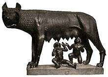 Die kapitolinische W&ouml;lfin s&auml;ugt Romulus und Remus