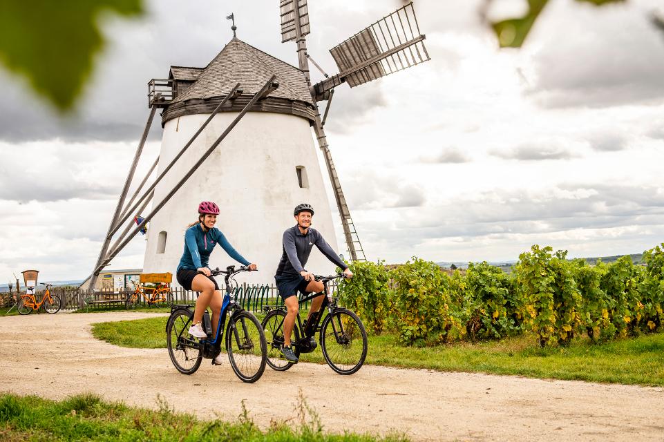 Radfahrer vor der Retzer Windmühle im Weinviertel