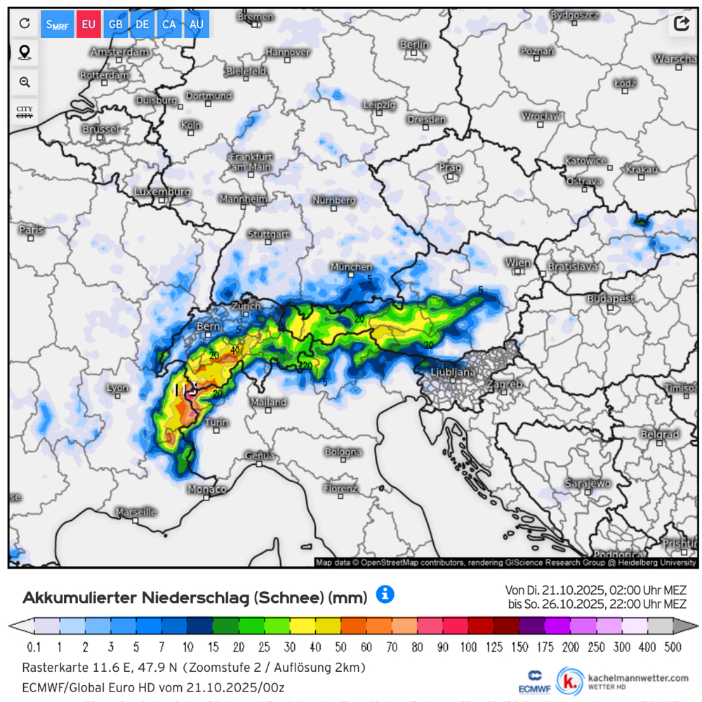 Akkumulierter Schneeniederschlag bis Sonntag (26.10., 19 Uhr) laut ECWMF-Modell