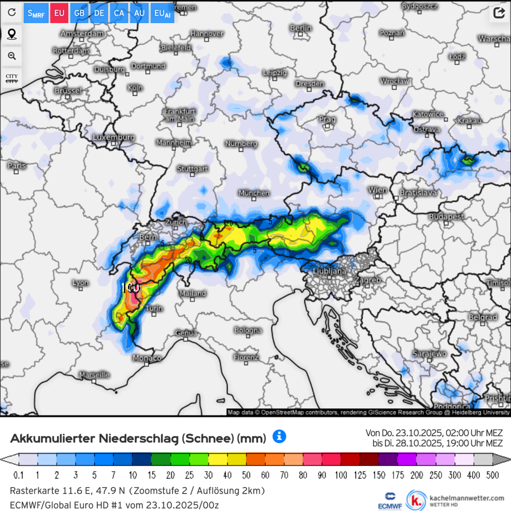  Akkumulierter Schneeniederschlag bis Dienstag (28.10., 19 Uhr) laut ECWMF-Modell 