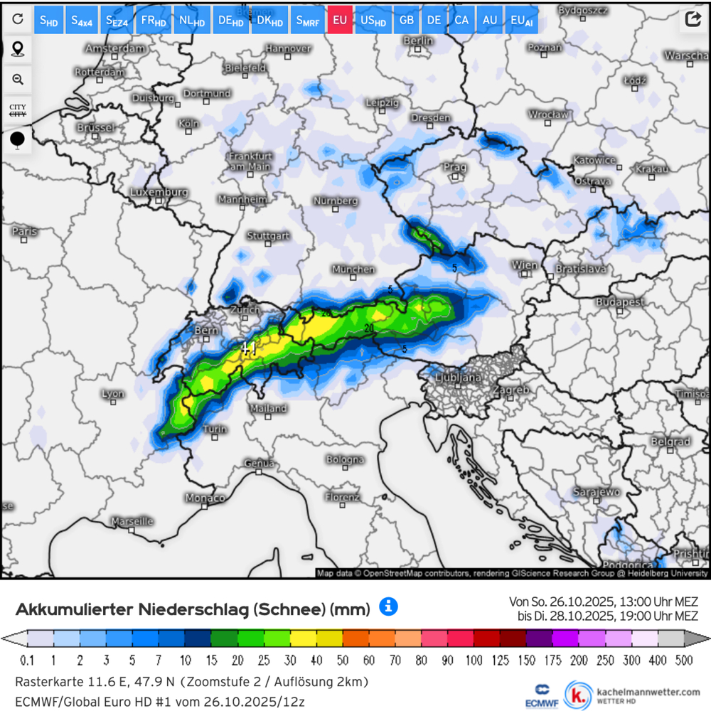 Schnee-Niederschlag-Vorhersage Alpenraum bis 28.10. (Grafik Kachelmannwetter - ECMWF-Modell)