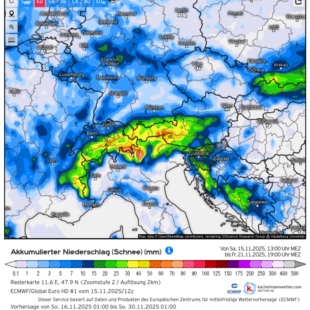 Schnee-Niederschlag-Vorhersage Alpenraum bis 21.11. (Grafik Kachelmannwetter - ECMWF-Modell)