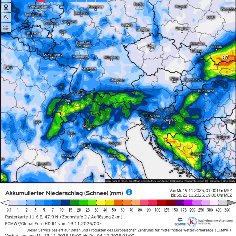 Schnee-Niederschlag-Vorhersage Alpenraum bis 23.11. (Grafik Kachelmannwetter - ECMWF-Modell)