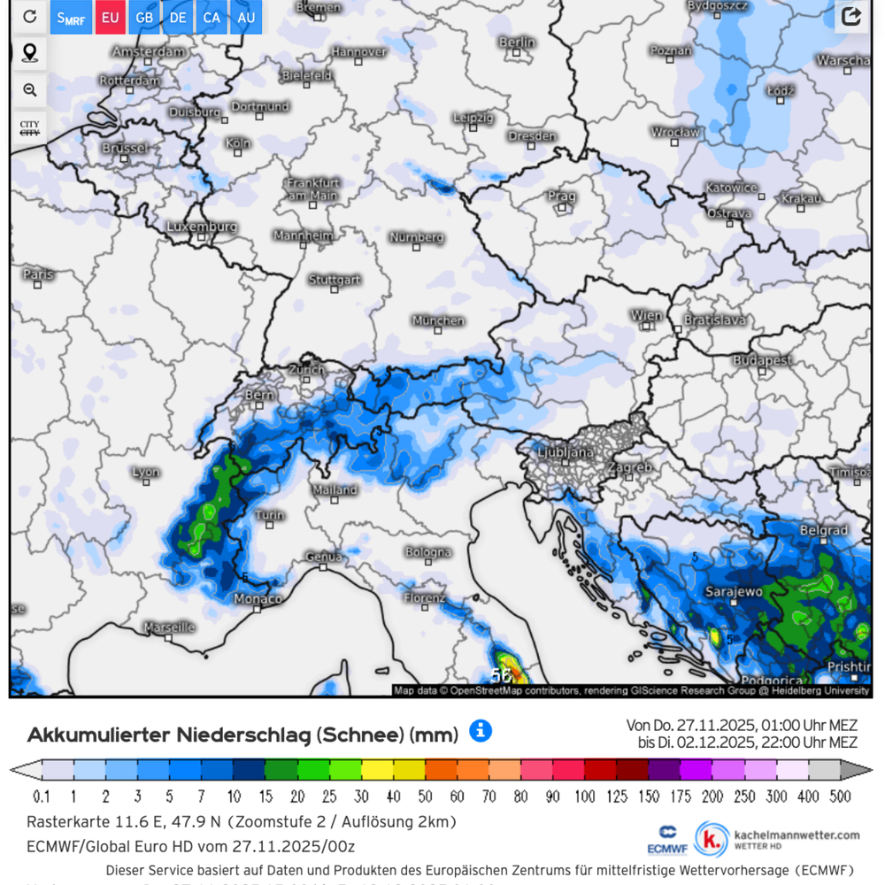 Schnee-Niederschlag-Vorhersage Alpenraum bis 02.12. (Grafik Kachelmannwetter - ECMWF-Modell)