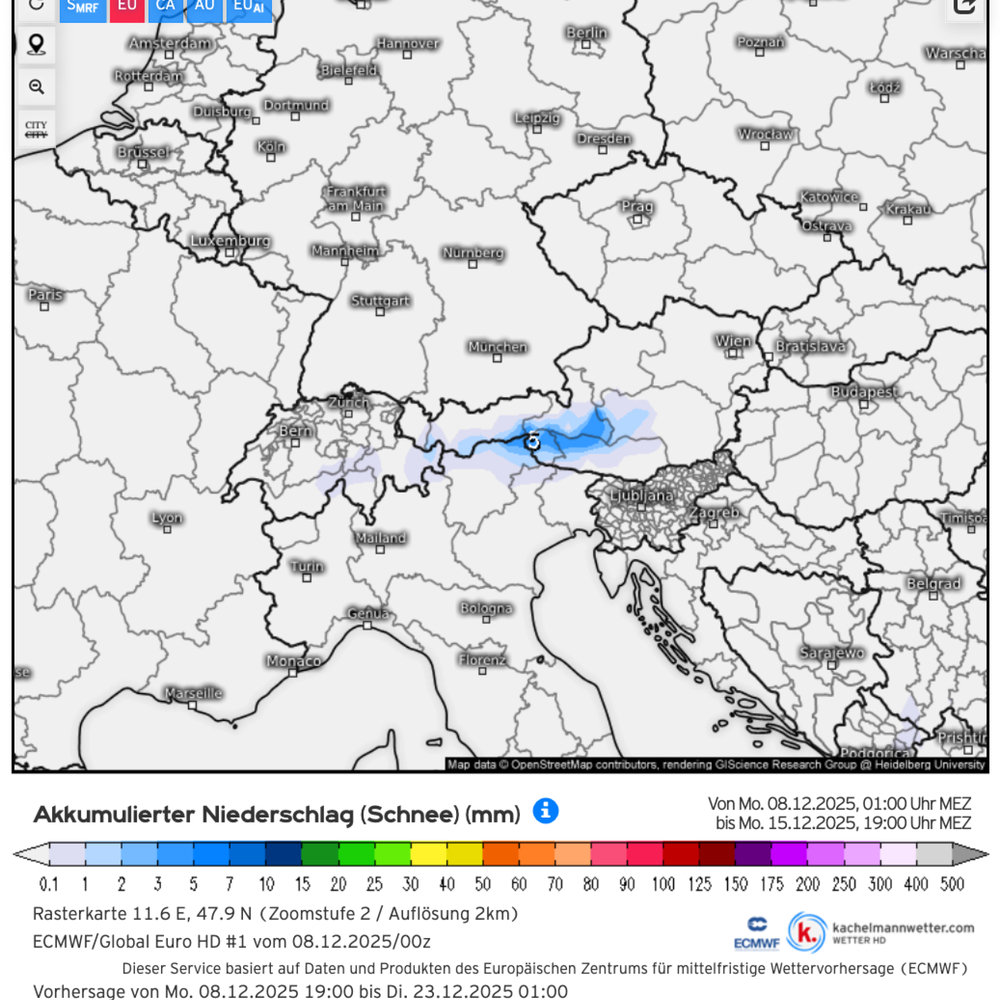 Schnee-Niederschlag-Vorhersage Alpenraum bis 15.12. (Grafik Kachelmannwetter - ECMWF-Modell)