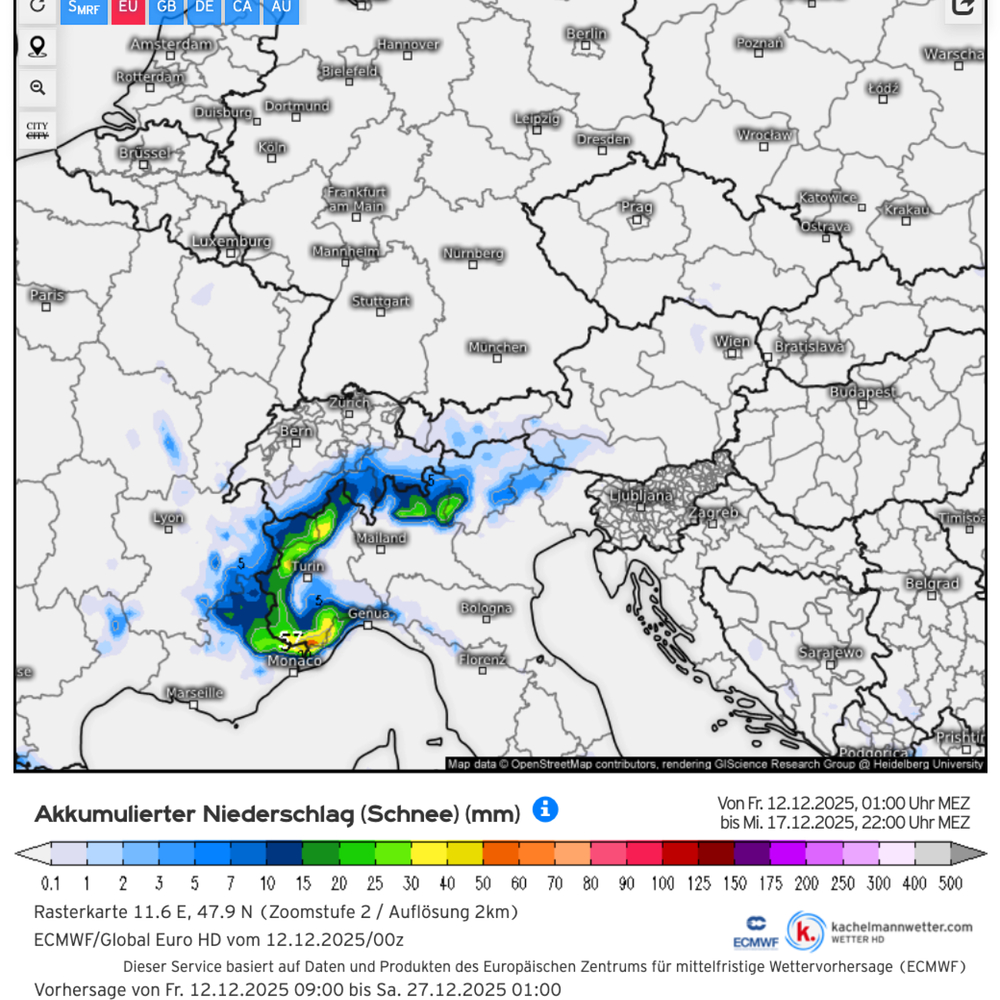 Schnee-Niederschlag-Vorhersage Alpenraum bis 17.12. (Grafik Kachelmannwetter - ECMWF-Modell)
