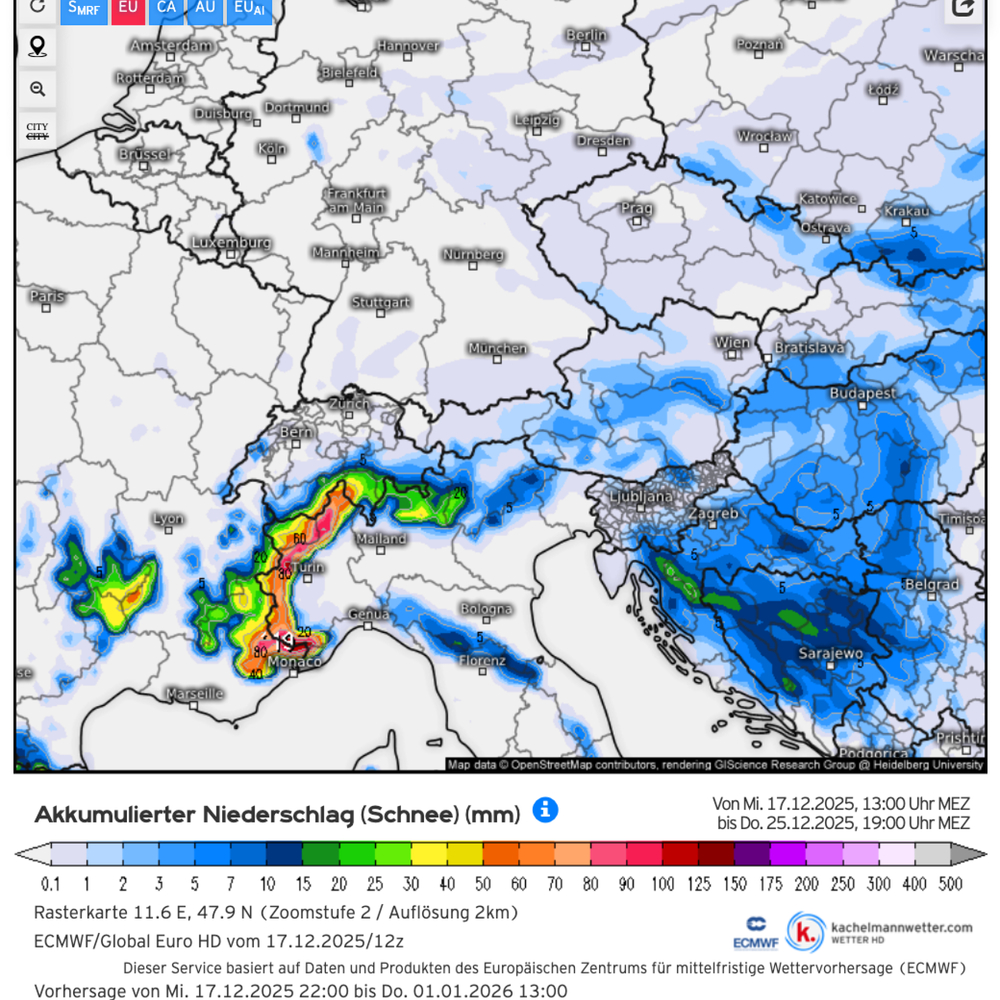 Schnee-Niederschlag-Vorhersage Alpenraum bis 25.12. (Grafik Kachelmannwetter - ECMWF-Modell)