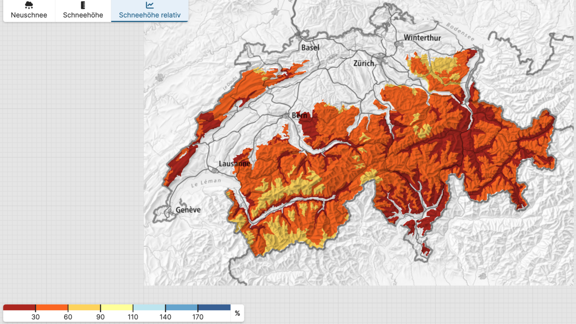 Relative Schneehöhe in der Schweiz