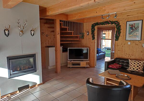 Wohnbereich mit Kamin, TV und Ledercouch