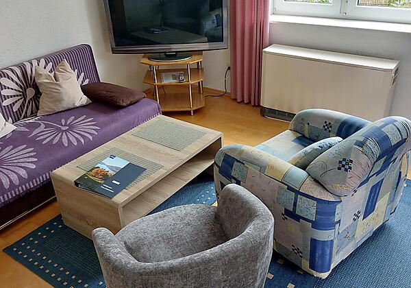 Wohnzimmer, ausziehbare Couch, Fernseher