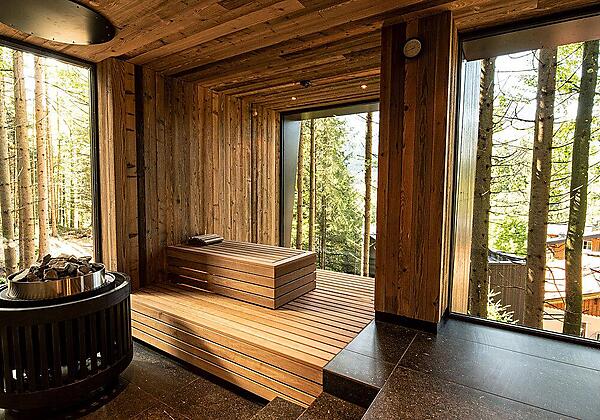 Inneraum Saune mit Blick in den Wald