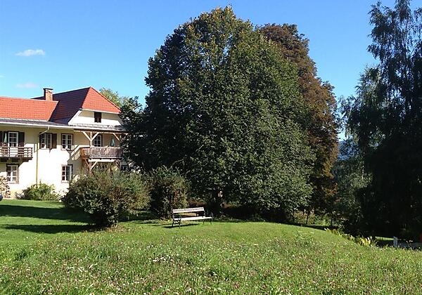 Blick vom Wald zum Landhaus