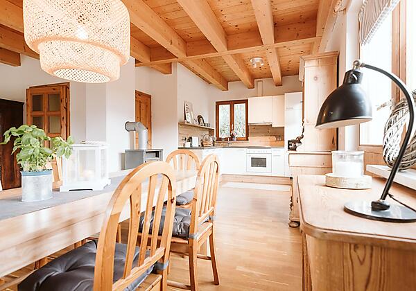 Gemütlicher Wohnraum mit 2 Couchen, Essplatz, offener Küche, Kamin